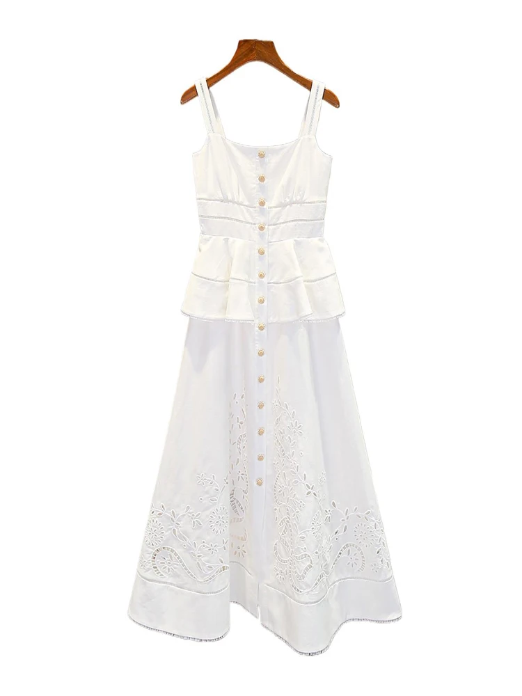 

Ele Embroidered Ruffle Hem ter Dr Summer Vaion Sle Women's Faion High Waist Midi Dr Single Button Detail