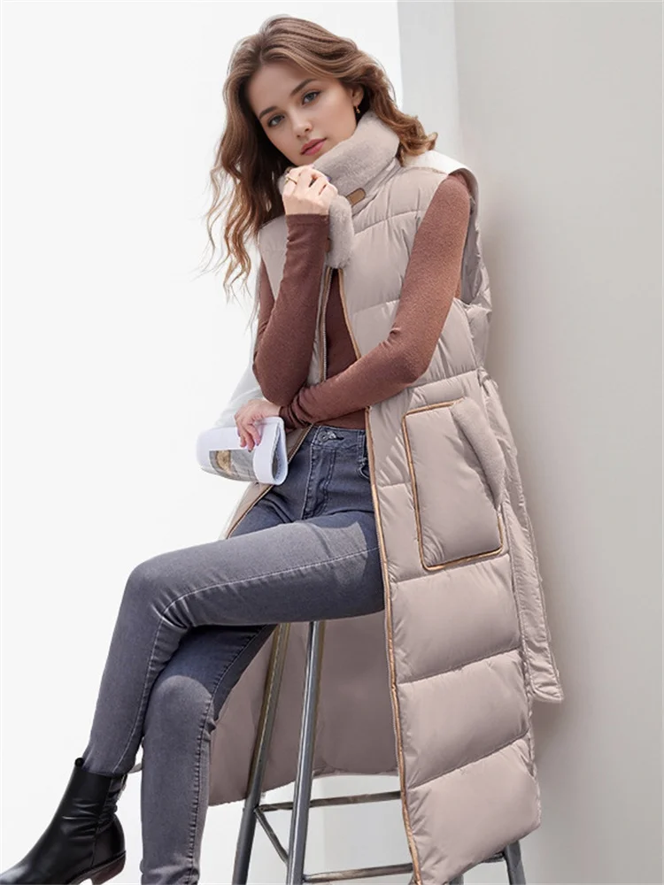 Long Women\'s Down Cotton Vest Jacket 2024 Winter New Stylish And High-End Plush Stand Collar Cinched Waist Slimmer Warm Jacket