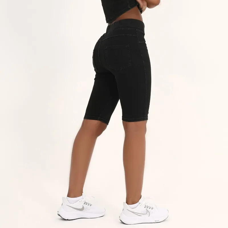 ​ ​ Short de Yoga en Denim taille haute pour femmes, double poche, sans couture, extensible, Fitness, mode, Slim, cinq points