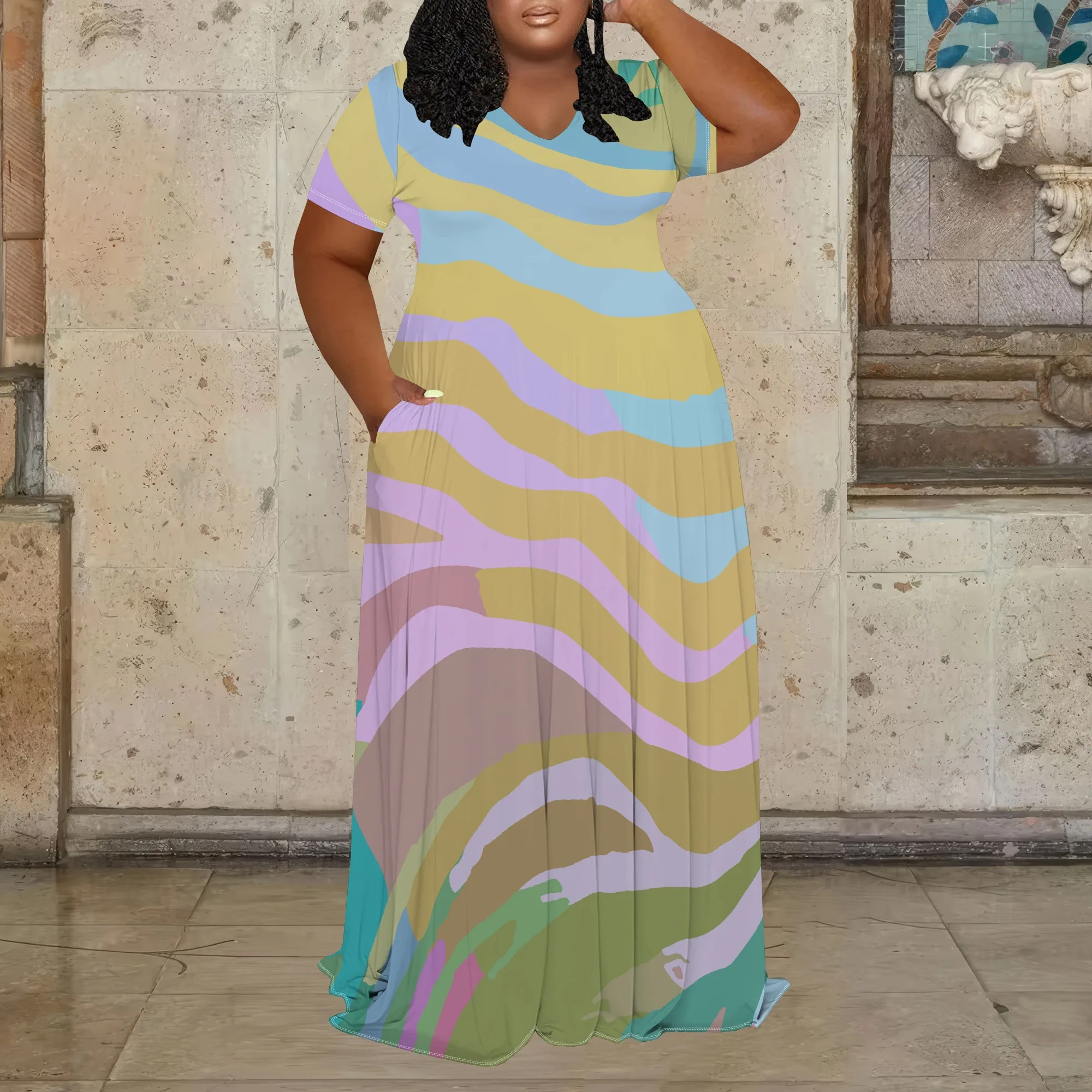

Plus Size Women's Summer 3D Fashion Printed Stripe Dress Short-Sleeved V-neck Maxi Dress (with pockets)