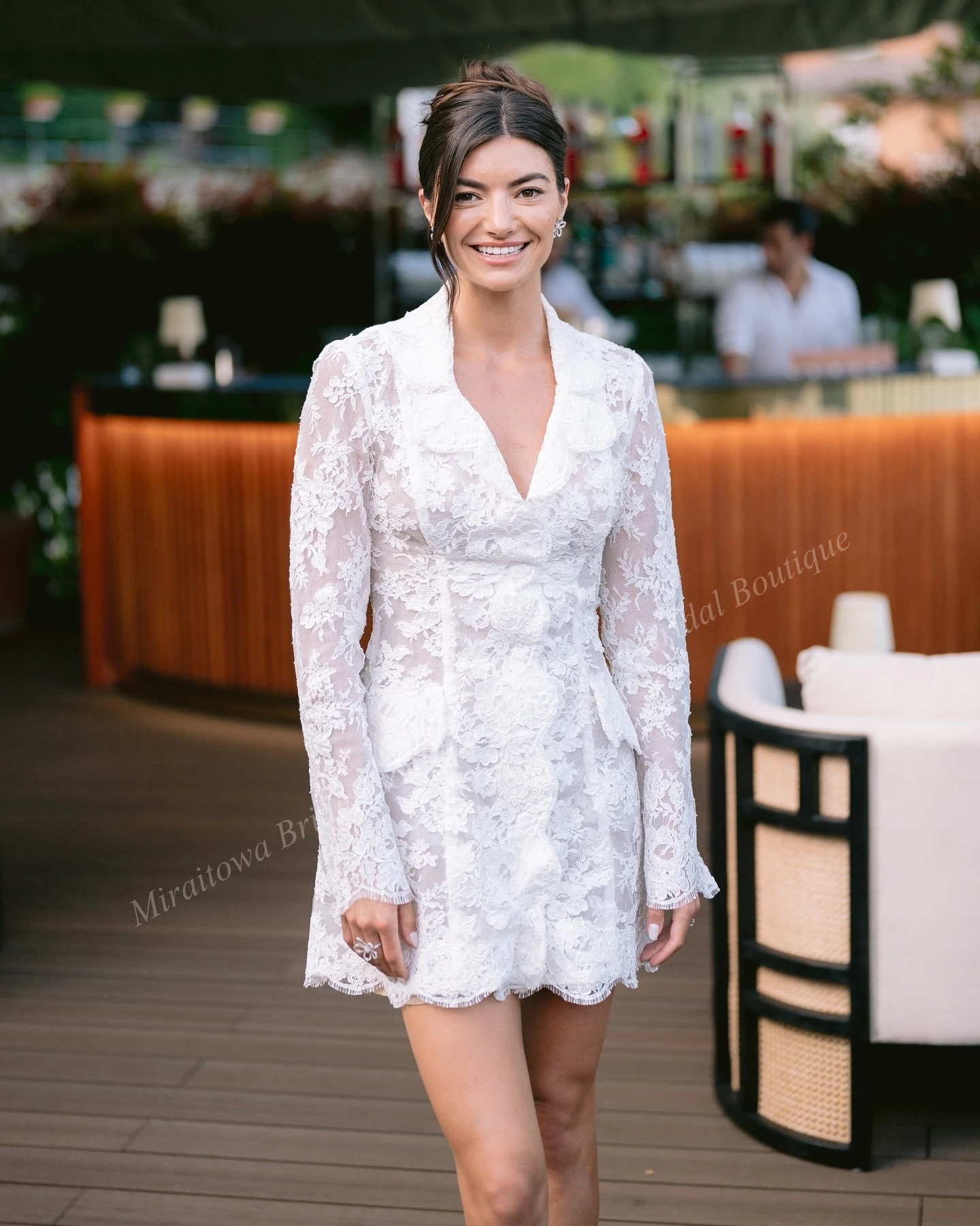 Mini robe de mariée en dentelle à manches longues, petit blazer trapèze blanc, fête des patients, réception de la douche, cérémonie, fête de fiançailles