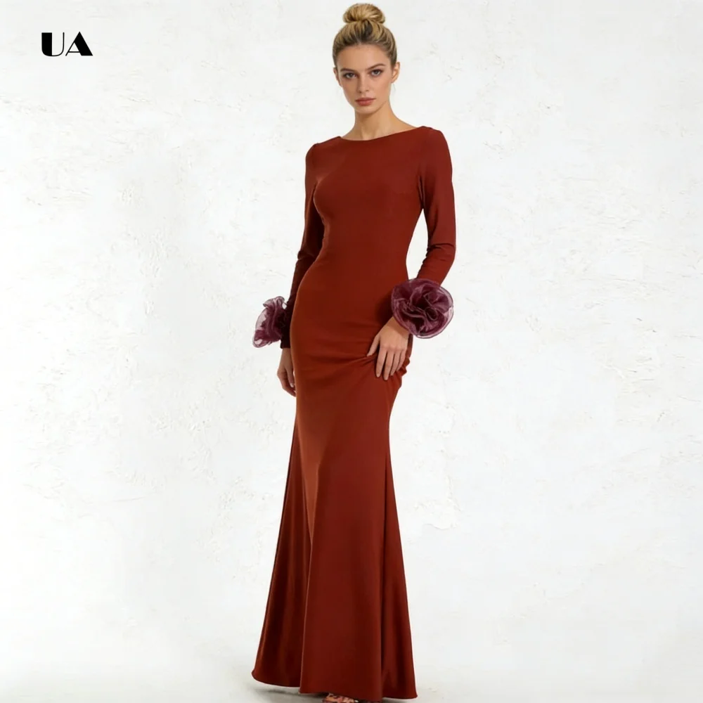 보트 네크라인이 있는 심플한 인어 댄스 파티 드레스, 3D 꽃이 있는 단색 긴 소매 이브닝 드레스, 클래식 맞춤형 파티 드레스