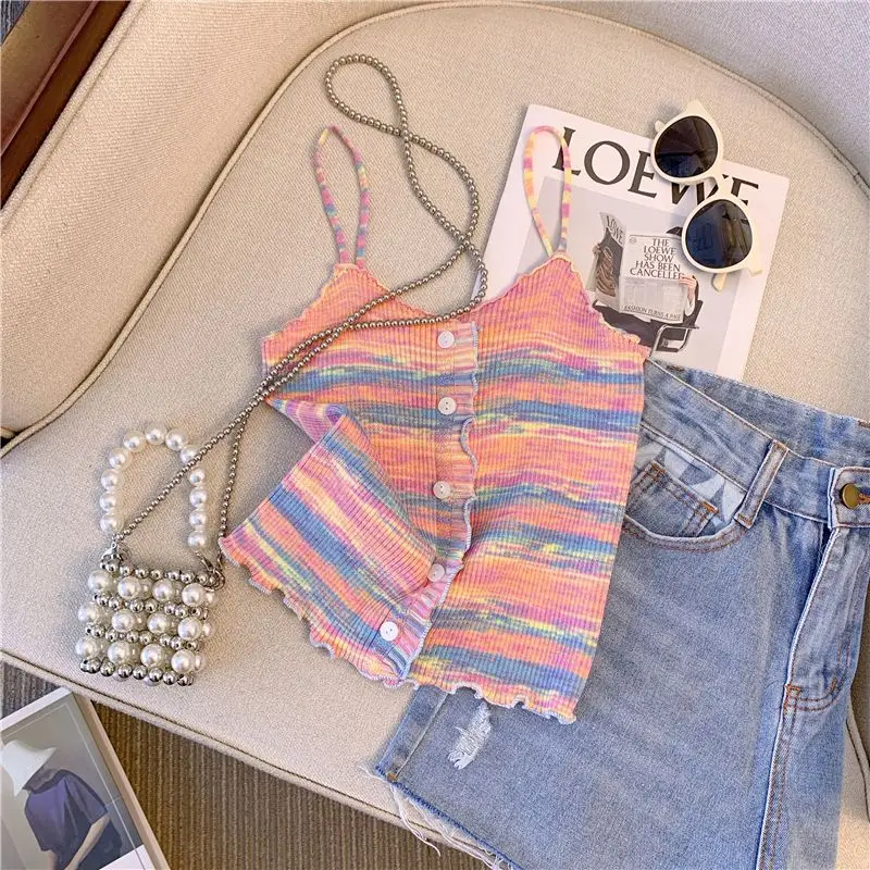 

Rainbow Striped Small Camisole Women's Summer 2024 New Outfit Design Sense Holiday French Wood Pure Desire Sleeveless Y2K Top