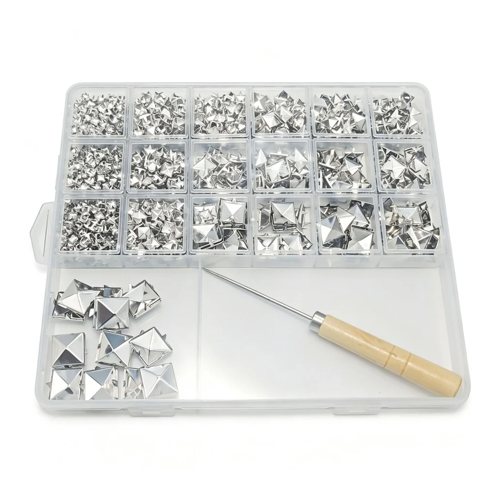 1170pcs Silver Pyramid Rivets Kit for Leather Craft Shoes Bags Jackets Belts Includes Wooden Awl and Organizer Box