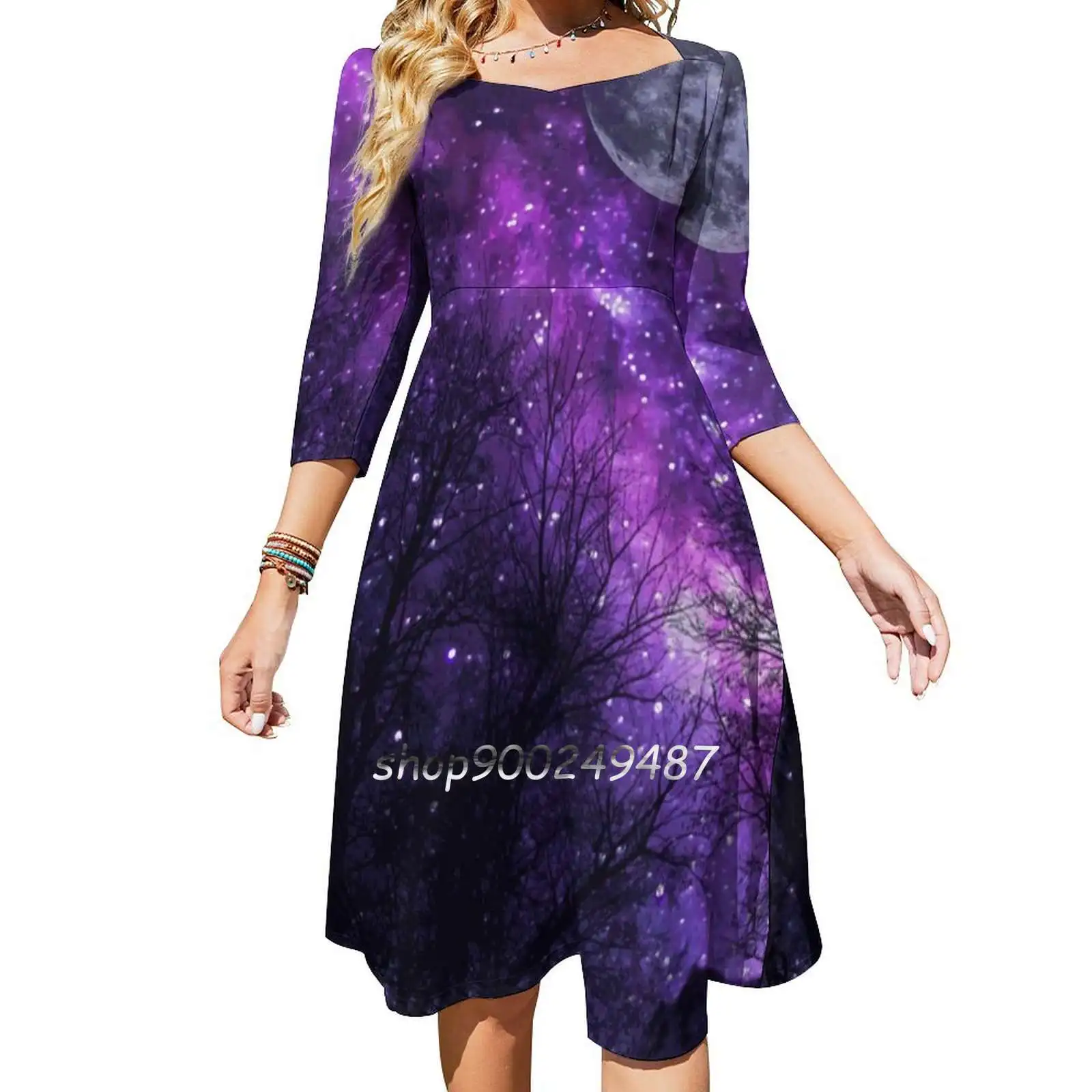 Mystic Moon Sweetheart Knot Flared Dress Fashion Design Large Size Loose Dress Moon Mystic Landscape Trees Stars Galaxy Space