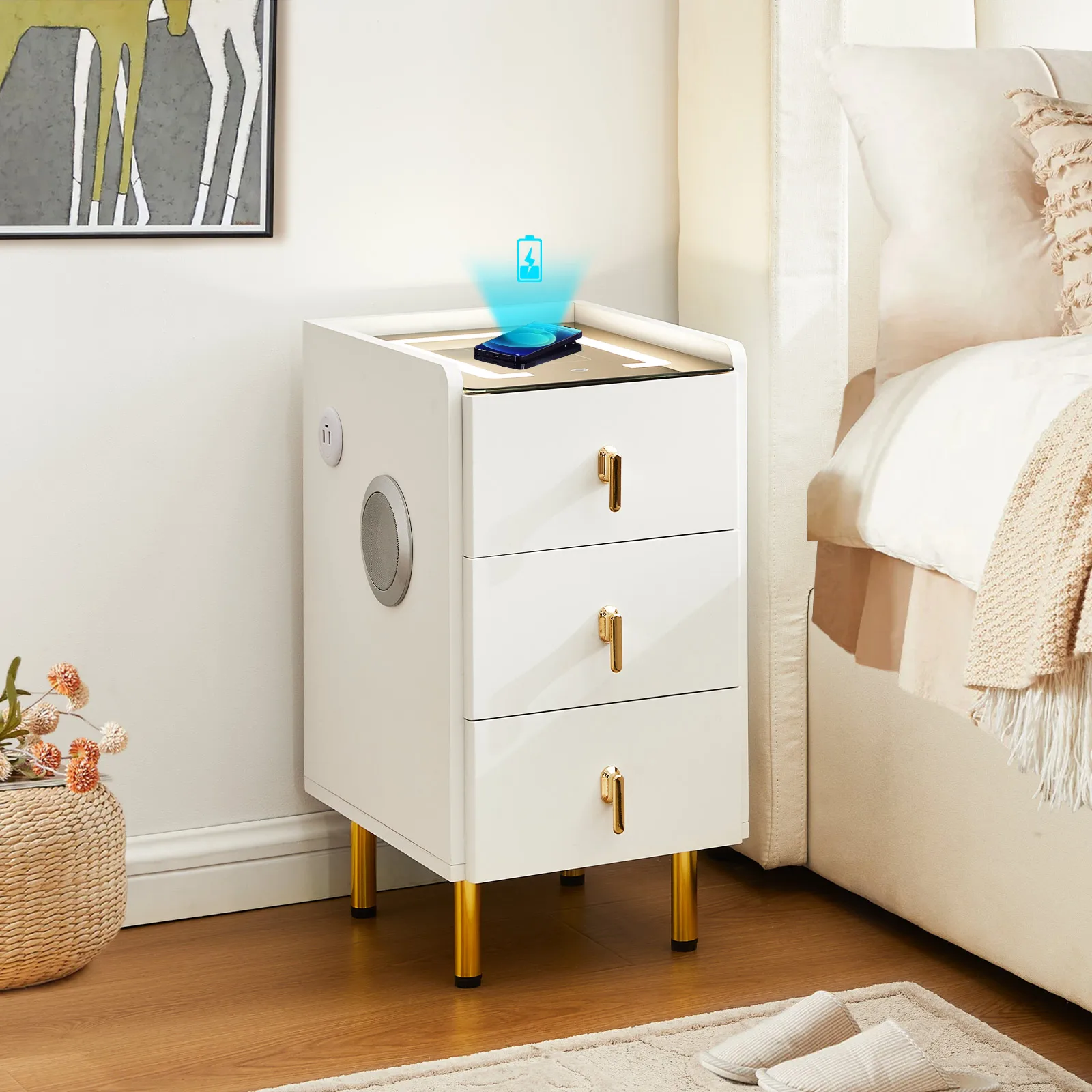 Smarter Nachttisch mit Kabelloser Ladestation und Bluetooth-Lautsprecher, Nachttischschrank mit LED-Beleuchtung und Gehärteter Glasplatte