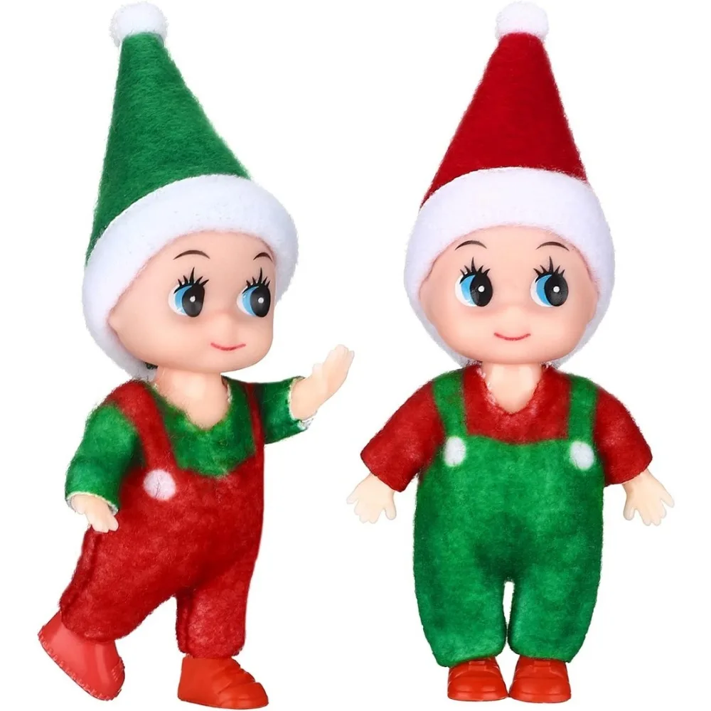 2Pieces Christmas Elf Doll Small Baby Twins in Bib Miniature Accessories Boy and Girl Toy Suitable for Xmas New Year Decorations