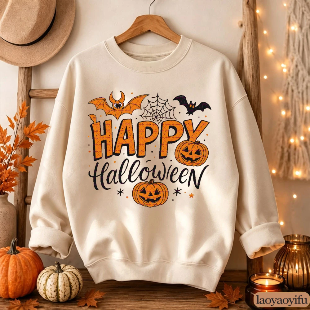 Happy Halloween Pumpkin Bat Spiderweb Graphic Sweatshirt Spooky Season Casual Long Sleeve Crewneck Pullover Women Tops Clothes