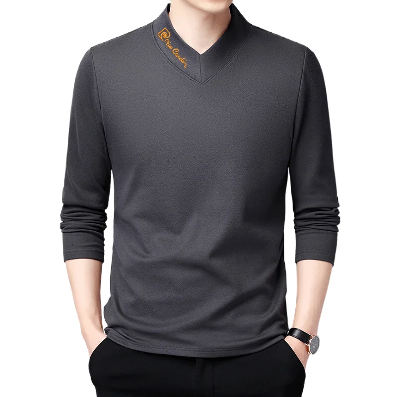 Men's autumn double-sided fleece fashion embroidery T-shirt men's long-sleeved youth V-neck top bottoming shirt tees underwear