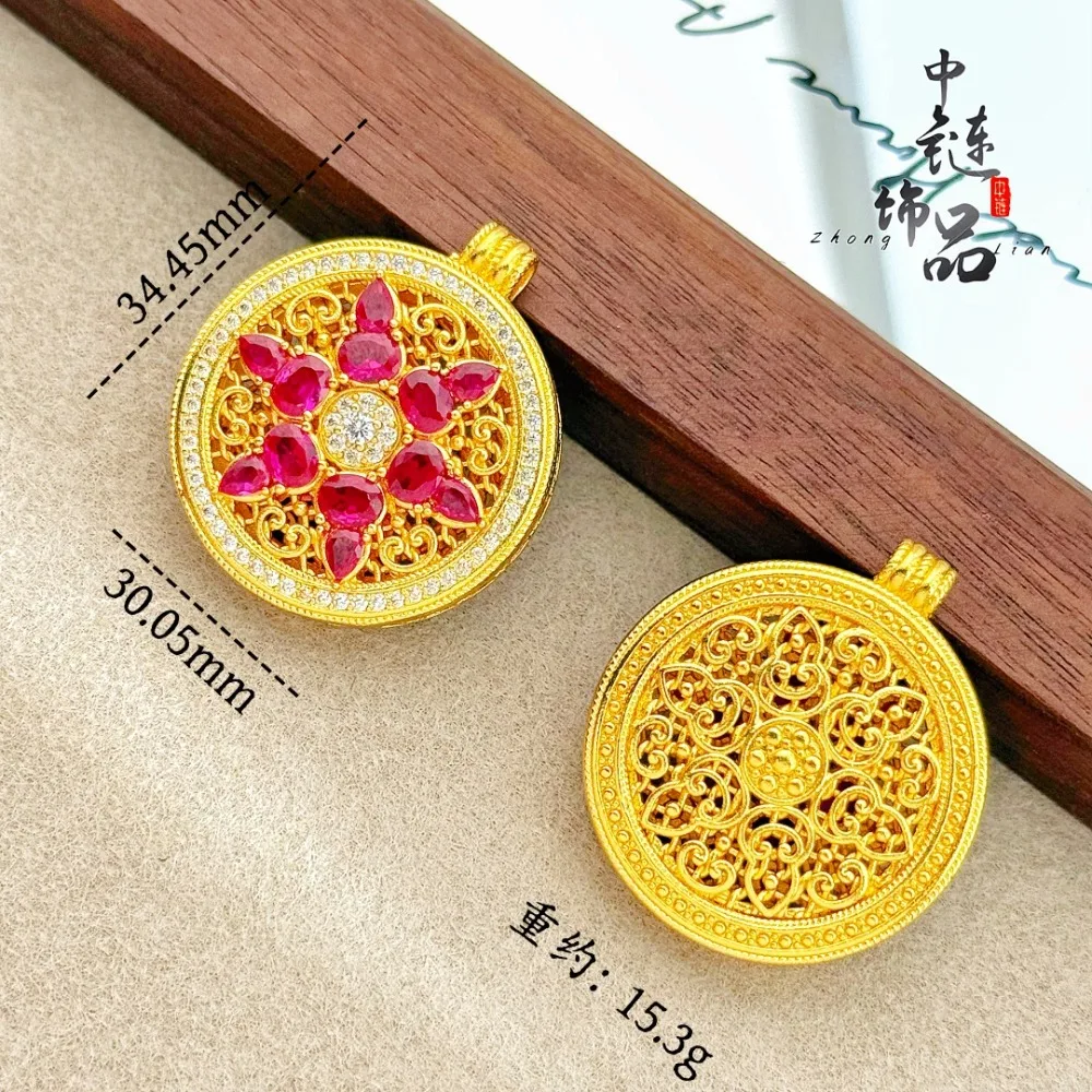 Rose red diamond six blessing calabash compass pendant 9999gold