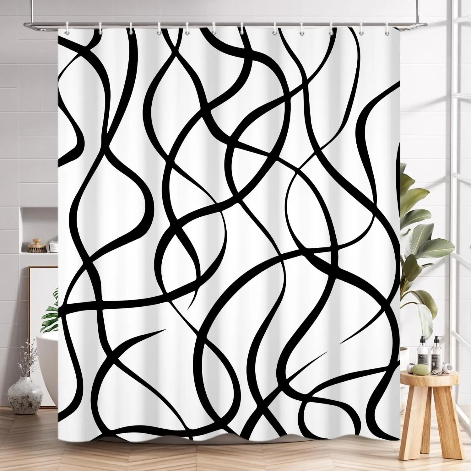 

Черно-белая занавеска для душа, современная полосатая волнистая линия занавеска для ванной комнаты абстрактное геометрическое искусство водонепроницаемая тканевая ванна