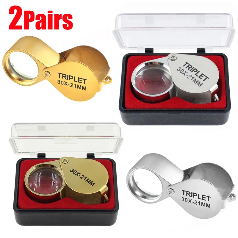 30X Pocket Loupe Magnifier Jewelry Magnifying Glass Foldable Diamond Lupa Triplet Jewelers Eye Metal Tools For Coins Gems Stamps