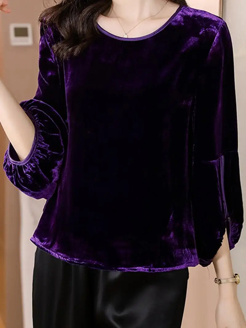 Autumn Winter Velvet round Neck Seven Sleeve Shirt Vintage Loose Lantern Sleeve Women's Premium Fashion Inner Wear Top