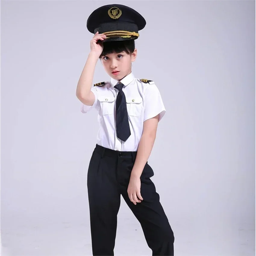 Kids Pilot Costumes Children Cosplay for Boys Girls Flight Attendant Costume Airplane Aircraft Air Force Performance Uniforms