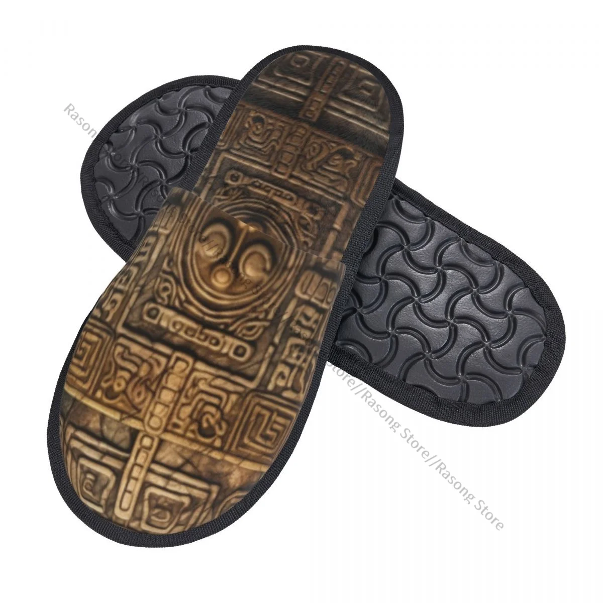 Plush Indoor Slippers Embossed Egyptian Stone Wall Warm Soft Shoes Home Footwear Autumn Winter