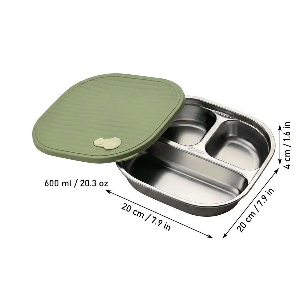 Magnetronbestendige 304 roestvrijstalen schaal met deksel, portiecontrole, verdeelde voedselbak, volwassen dieetbord, keukengerei, servies