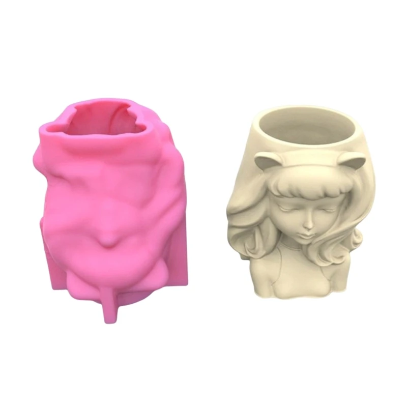 

3D Cat-Ear Girl Silicone Flower Pot Mold Concrete Succulent Planter Resin Mold