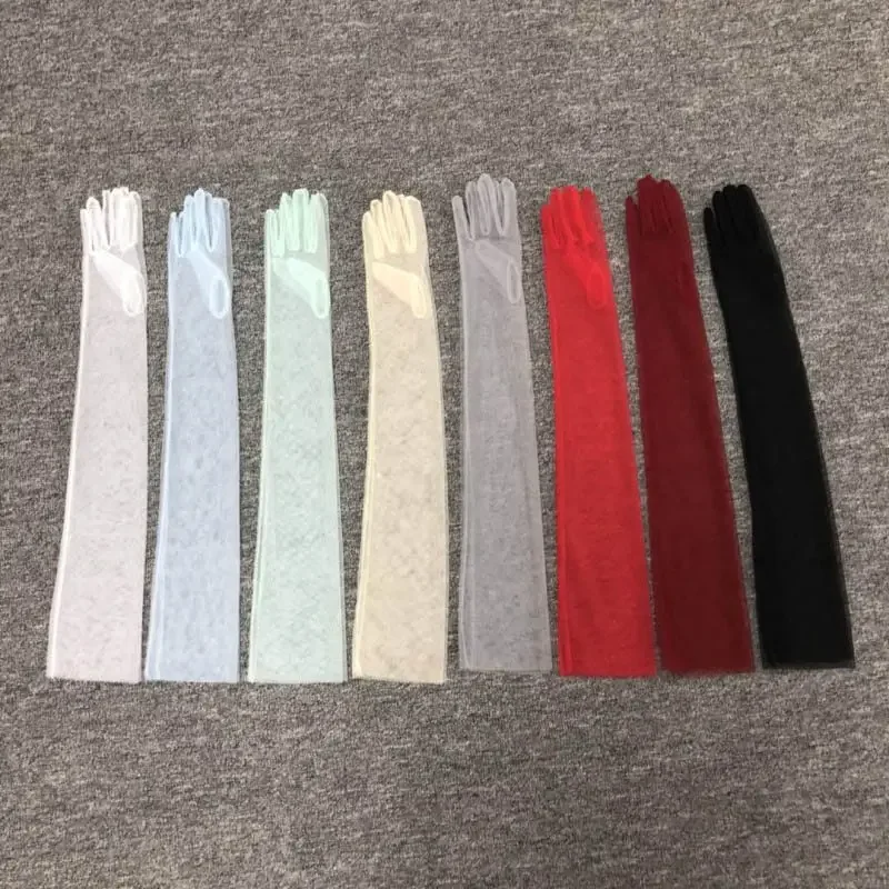 70 سنتيمتر النساء طويلة رقيقة جدا قفازات تول الكوع حفل زفاف فستان عروس القفازات شير شفافة خمر أسود أبيض قفاز شبكي