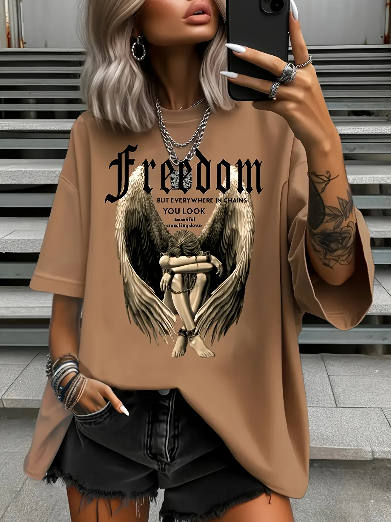 

Women's Plus Size T-Shirt Original Design Fashion Letter Pattern Printed Women's Casual Soft Round Neck Short Sleeved Tops