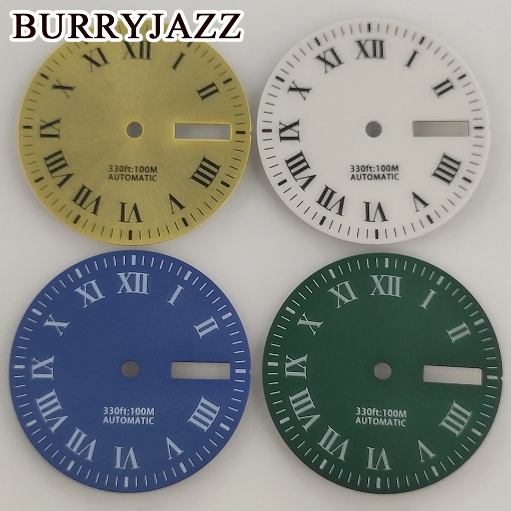 BURRYJAZZ 29mm No Logo NH35 Watch Dials Blue White Gold Green Dial Green Luminous Fit 3 O'clock 3.8 O'clock Case Crown