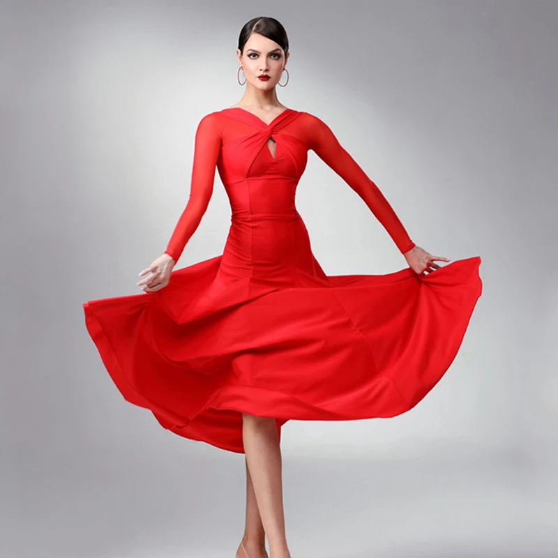 Czerwona Sukienka do Tańca Towarzyskiego Damska Standardowa Walcowa Suknia Balowa Strój do Tańca Nowoczesnego na Scenę Sukienka na Zamówienie 1208