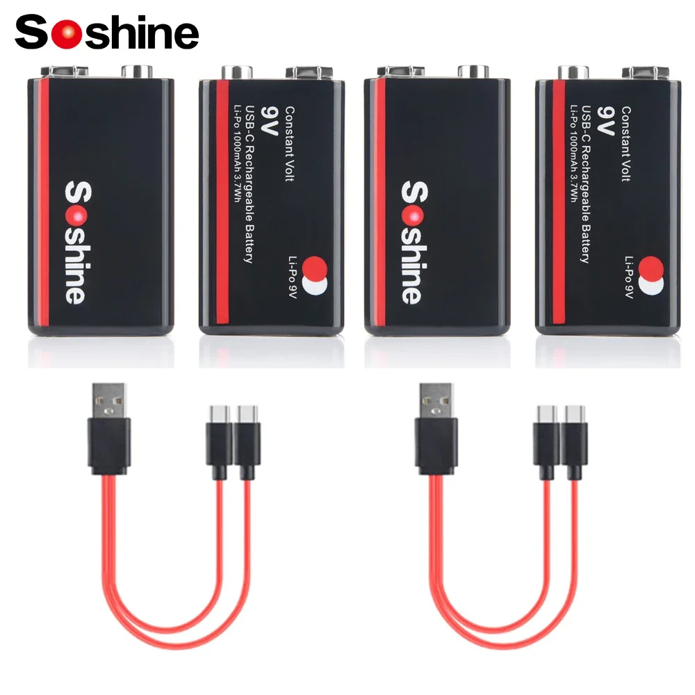 Baterias de iões de lítio Soshine-USB, 9V, 1000mAh, 9V, Bateria Li-po 6F22, Voltagem constante, Saída 9V, Baterias recarregáveis Li-ion USB