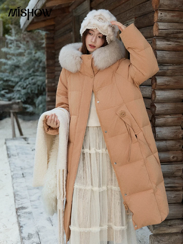MISHOW Damen-Wintermantel mit Kapuze, 2025, modisch, solide, lange Daunenjacke für den Pendelverkehr, winddicht, warm, Daunenmantel, luxuriös, MXE51Y0079