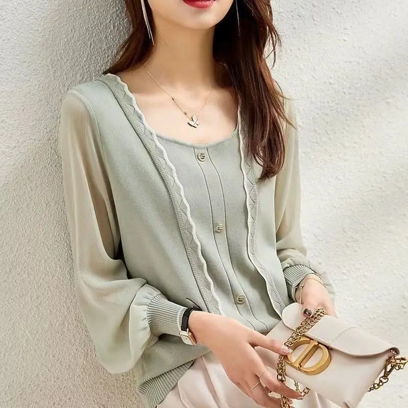 Elegant O-Neck Button Knitted Spliced Gauze Blouses Women\'s Clothing 2024 Autumn New Loose All-match Tops Office Lady Shirts