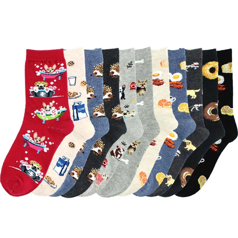 Cute Animal Food Funny Socks Women Donut Dog Hedgehog Printed Sokken Kawaii Cartoon Funny Socks Calcetines Mujer