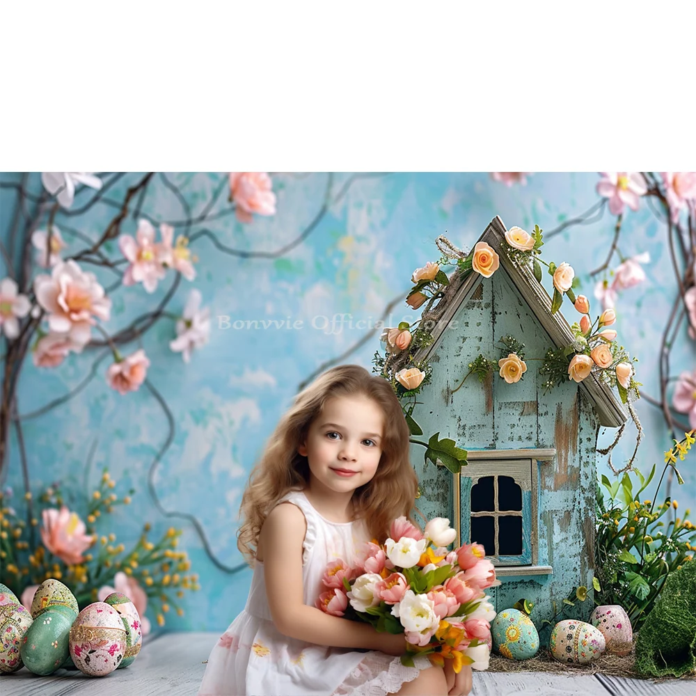 Bonvvie Easter Backdrop for Photography Spring Flower Rabbit Eggs Floral Bunny Easter Baby Cake Smash Portrait Photo Background