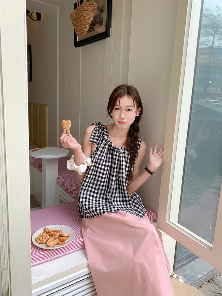 

Белый клетчатый жилет без бретелек женский летний повседневный свободный топ для похудения Yang Pao Pao Brand 2025 New Sle