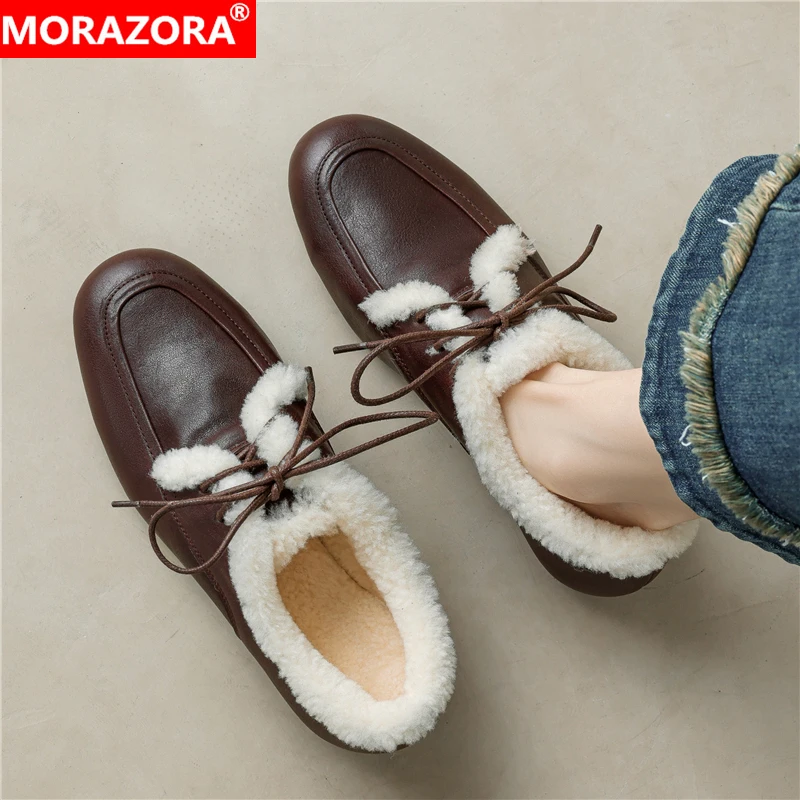 

MORAZORA 2026 New Genuine Leather Shoes Women Loafers Lace Up Flat Shoes Handmade Retro Ladies Flats Casual Winter Shoes