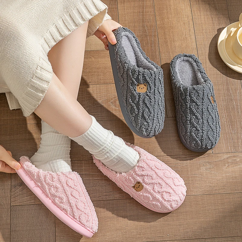 Plain Striped Design Home Slippers Women Winter 2024 New Soft Sole Anti Slip Cotton Shoes Woman Indoor Warm Soft Plush Slippers