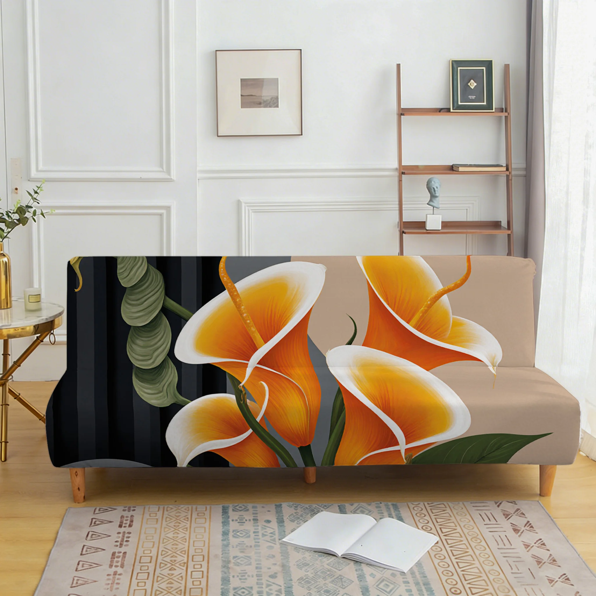 Orange and white calla lily printed sofa bed cover, living room sofa bed cover, dustproof machine washable sofa bed cover