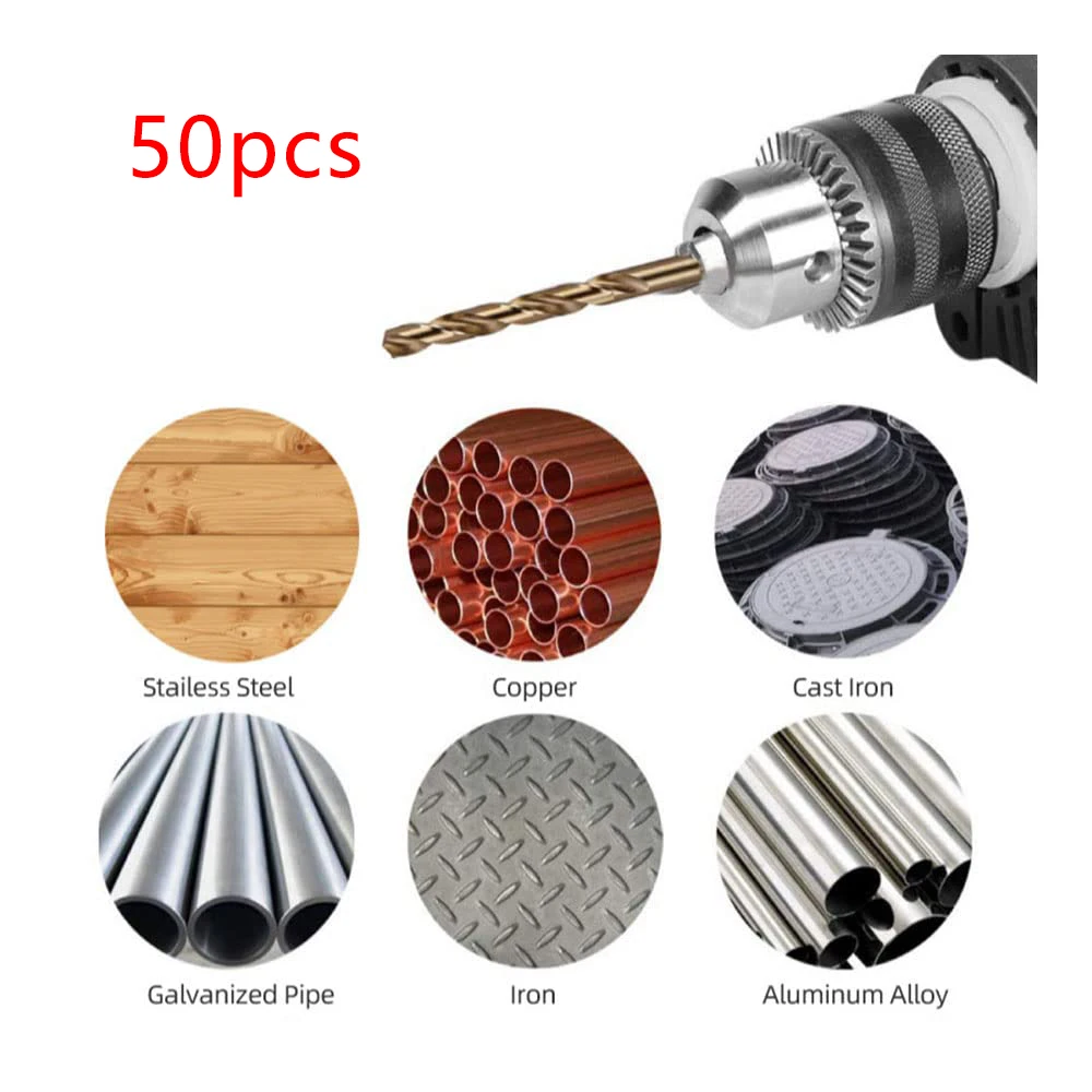 

50pcs Twist Drill Bit Set 1-3mm Mini Titanium Plated Metal High Speed Steel Hand Tools