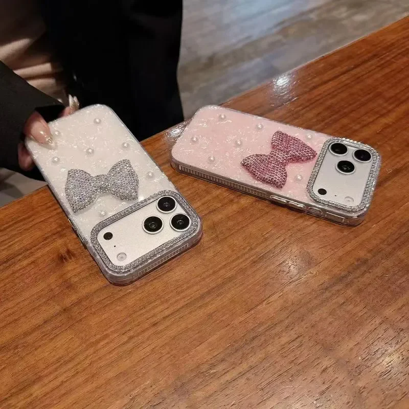 Pink Shell Patterned Phone Case For iPhone 17 Pro Max 15 16 Pro 14 Pro Max 12 13 Pro Max Casing 3d Pearl Bling Bow Knot Cases