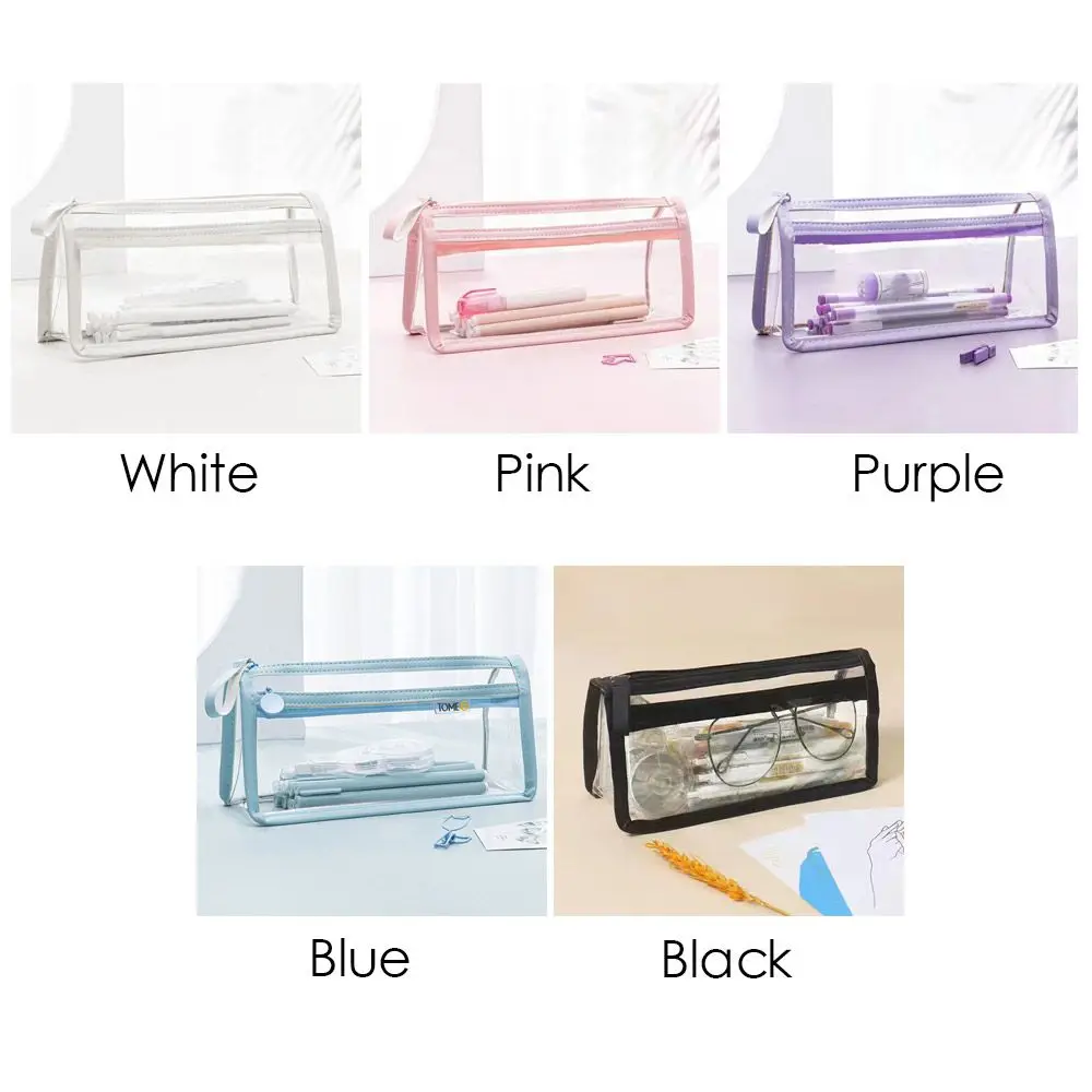 حقيبة أقلام رصاص شفافة مزدوجة بسعة كبيرة ، حقيبة قرطاسية بسيطة ، محمولة ، بولي كلوريد الفينيل ، مستلزمات مدرسية #5