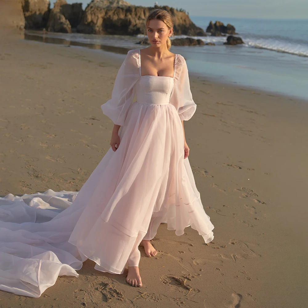 Vestido de boda de Organza de corte A con cuello cuadrado, botones hechos A medida, talla grande, longitud Irregular, para playa y novia