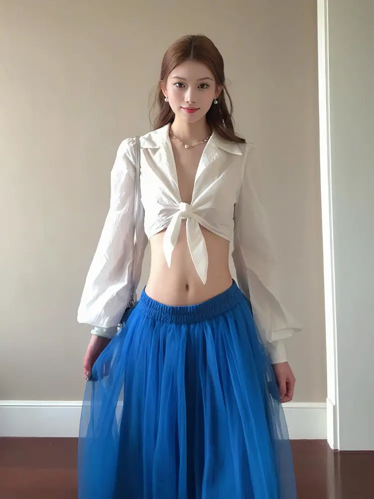 Alice Castle Klein Blue Mesh Half Skirt Women's Summer New Loose Versatile A-Line Long Skirt Princess Style High Waist Polyes...
