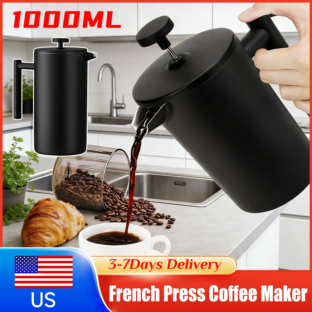 

Кофейник-пресс с двойными стенками и 3 фильтрами, из нержавеющей стали, 1000 мл, для кафе, дома, кухни