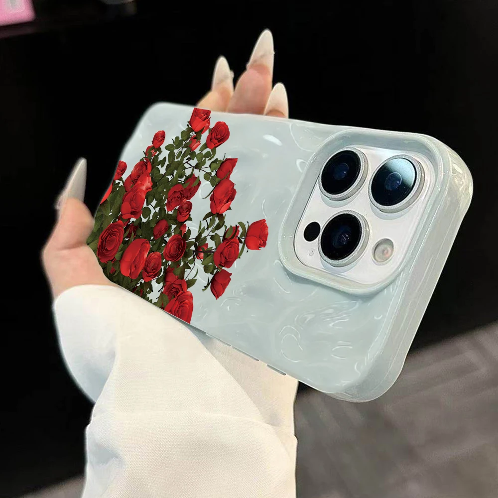 Koreanische Rosenblumen-Drucke Niedliche Handyhülle für iPhone 17 16 15 14 13 12 11 Pro Max 14 Plus 17Air Falten-Wellen Weiche Silikonhülle – Detail 1