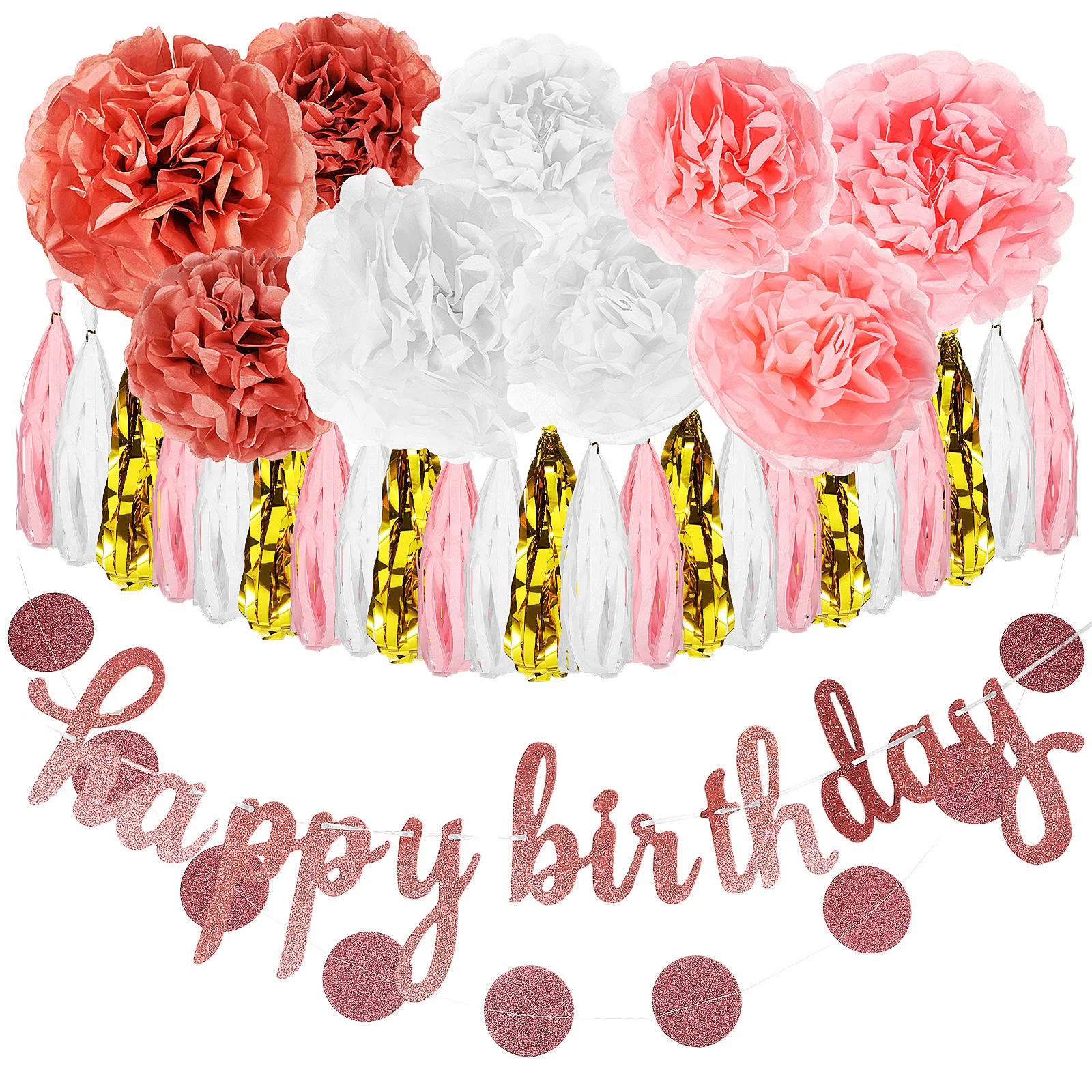 

1 set Paper Flower Banners Rose Birthday Decorations for Women Party Wedding Photo Props Gold Tassel Hanging
