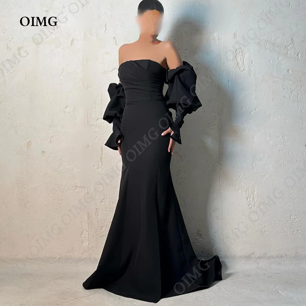 

OIMG Black A Line Satin Saudi Arabic Evening Dresses Long Sleeve Dubai Wedding Party Dress Mermaid Prom Party Gowns For Women