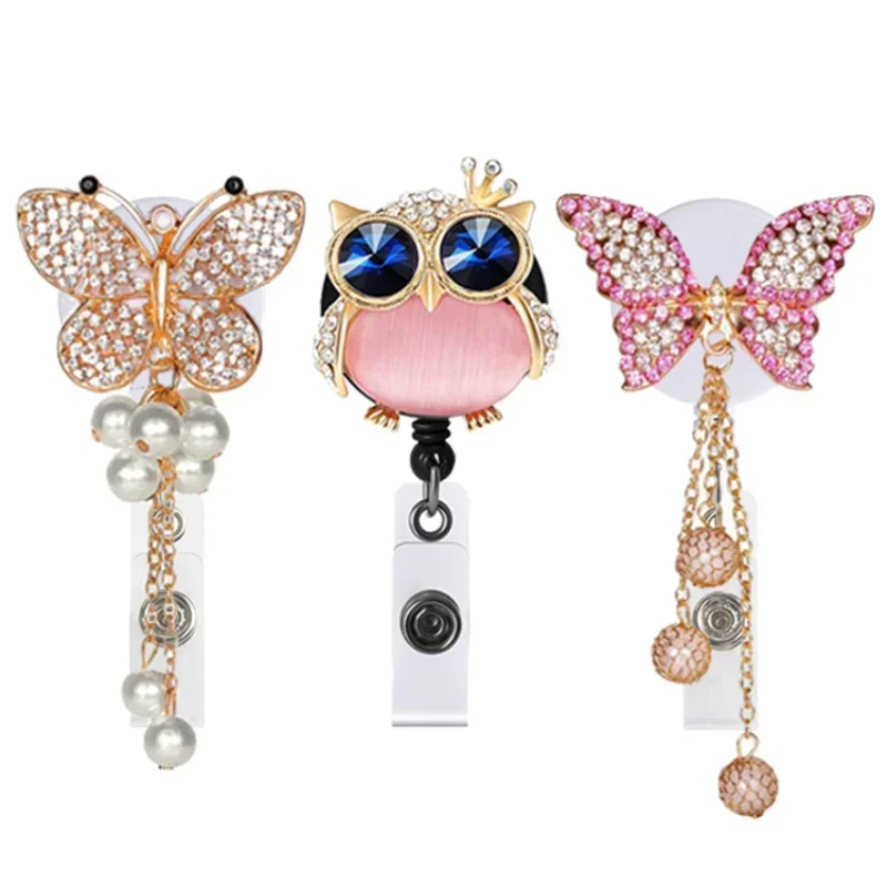 Diamond Owl Butterfly Rhinestone Metal Ornament Easy-pull Certificate Badge Holder Porta Credencial Id Card Holder Landyard