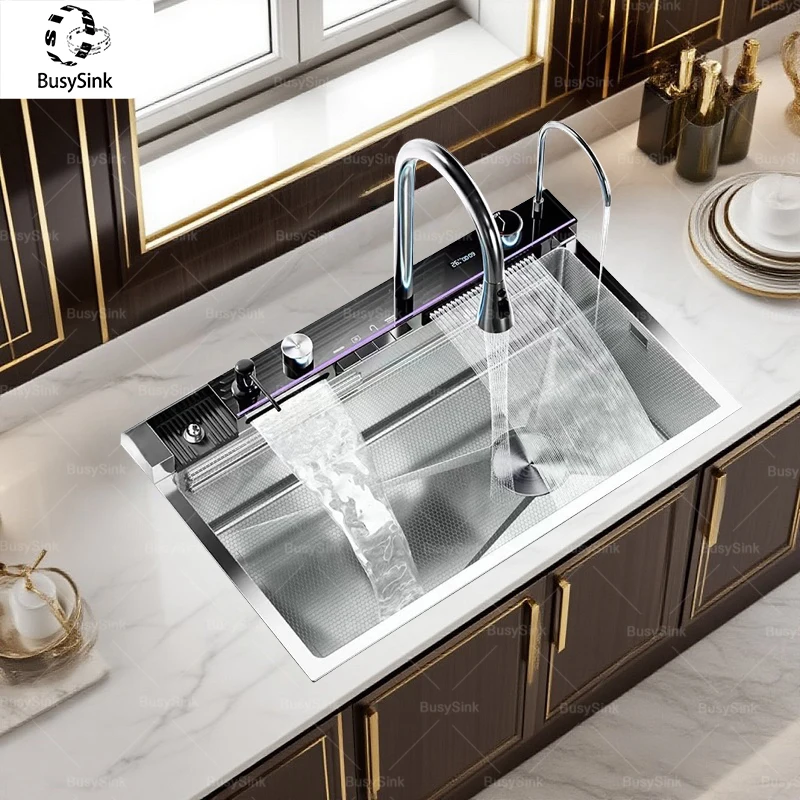 

Stainless Steel Silver Kitchen Sink Multifunction Waterfalls Intelligent Digital Display Faucet Household Large Single Slot