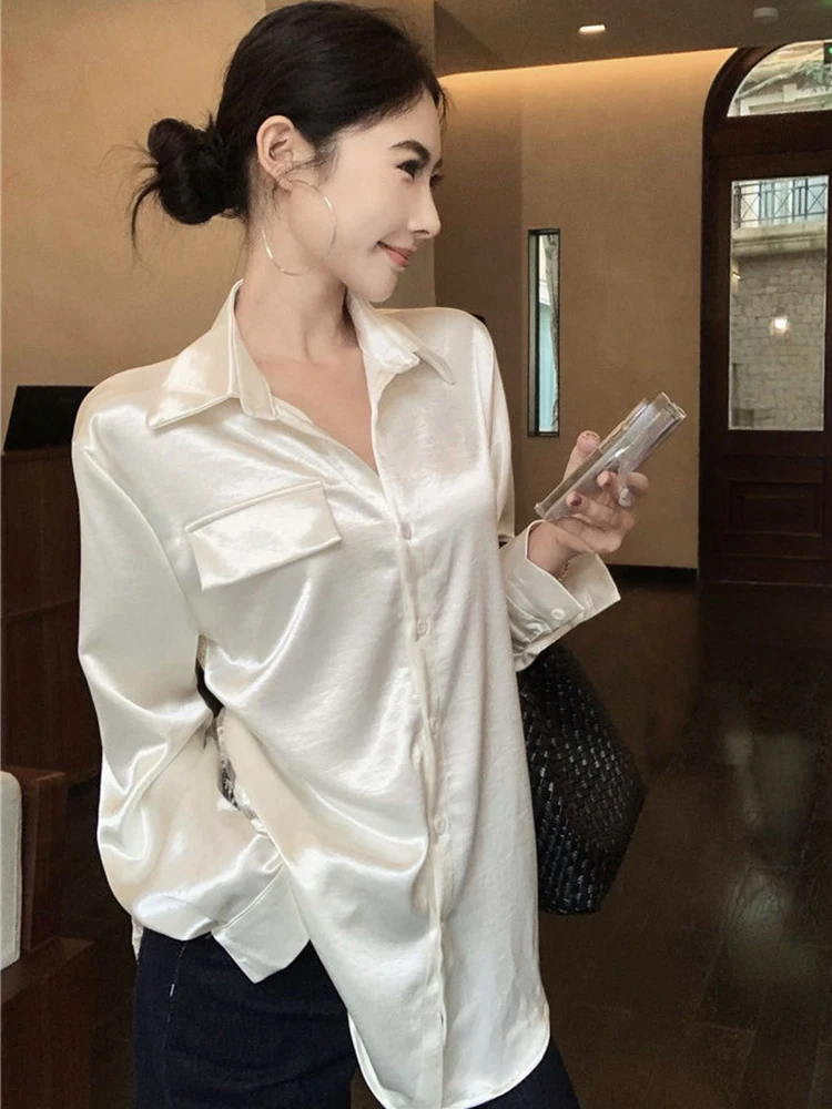 Zoki Back Lace Sexy Satin Shirt Women Casual Loose Vintage Long Sleeve Patchwork Blouse Korean Retro Streetwear Lady Design Tops