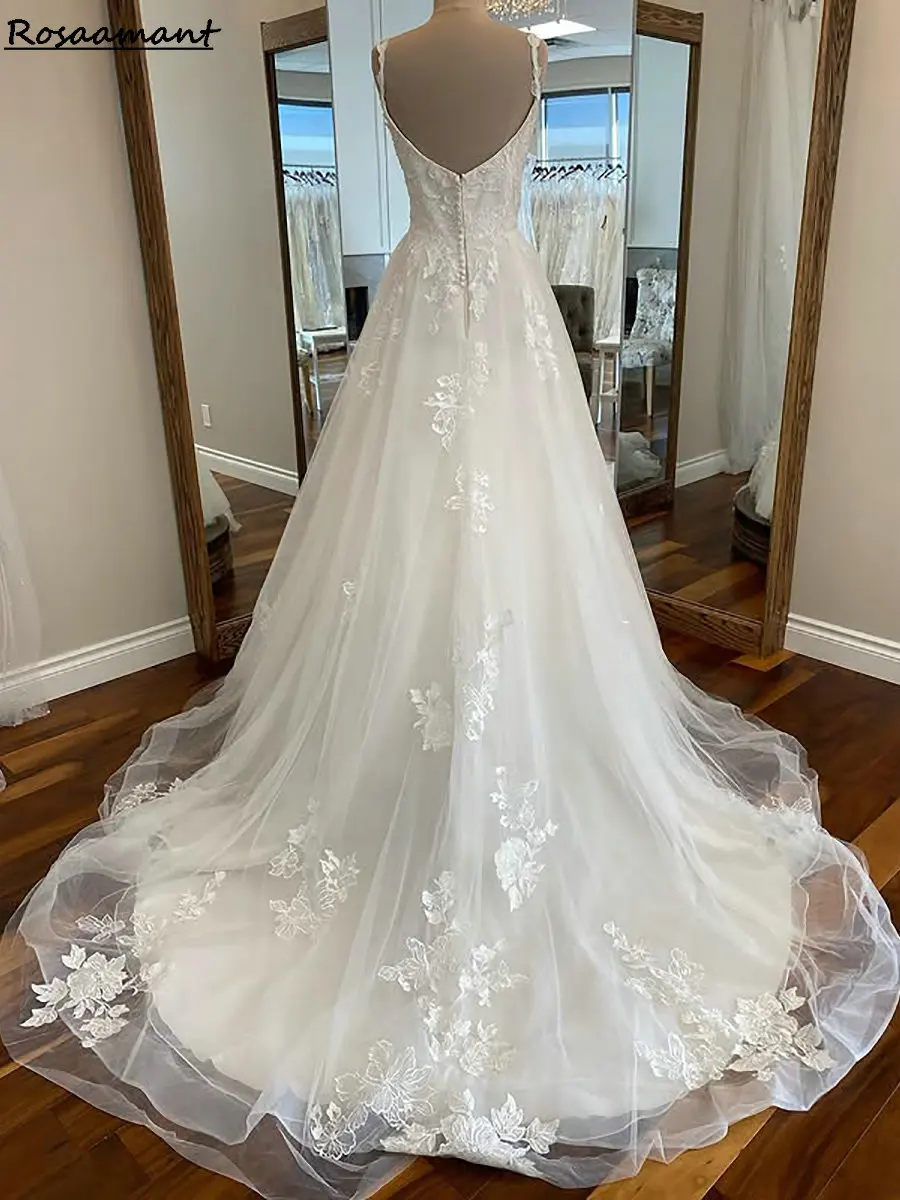 Elegant Sweetheart สปาเก็ตตี้สายรัด A-Line ชุดแต่งงานแขนกุด Appliques ลูกไม้ประเทศชุดเจ้าสาว