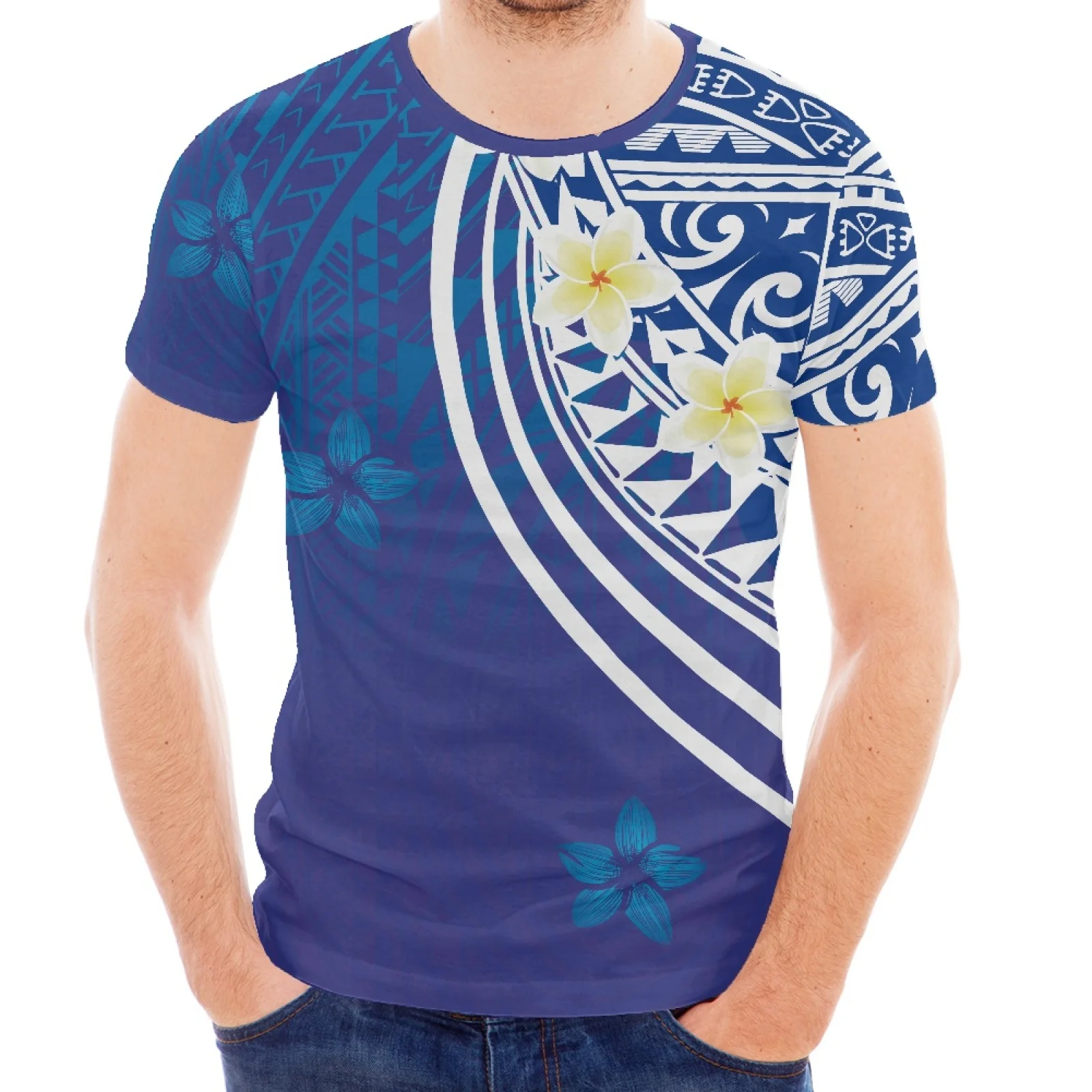 

New Blue Polynesia Plumeria Sub-Tattoo Personality Print Round Neck Short Sleeve Slim Men's T-Shirt Fashion Spring/Summer Style