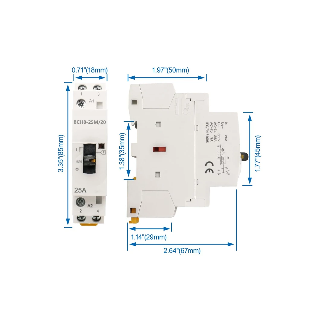 ABILKEEN BCH8-25M/20 25A Manual Household AC Contactor 2NO 2Pole 50/60Hz Modular Contactor Circuit Manual/Automatic Control
