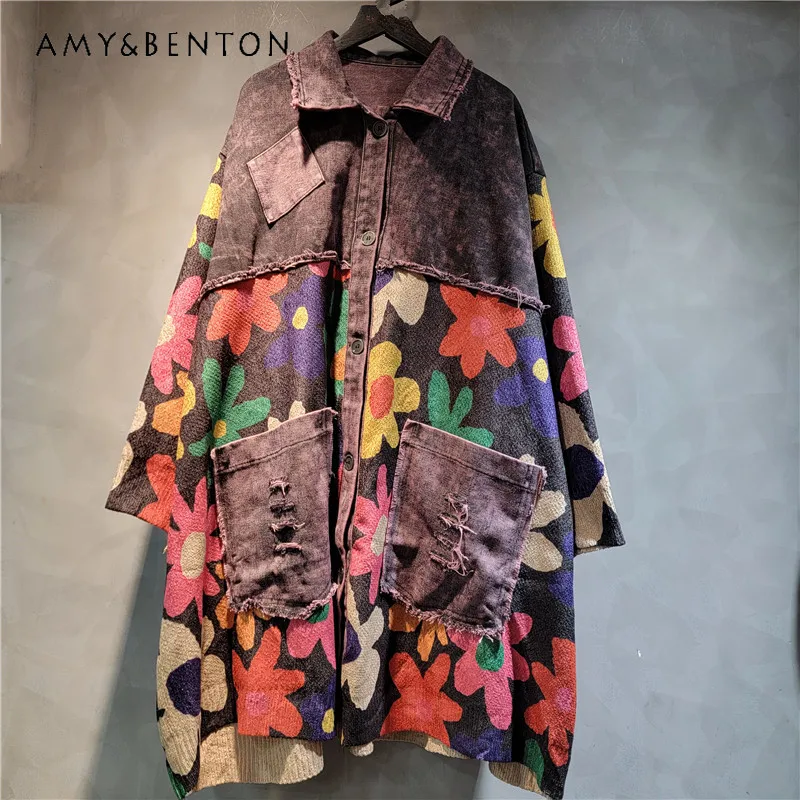 

Popular Cool Printed Women's Long Sleeves 2024 Winter Knitted Splicing Denim Loose Color Medium and Long Thin Jacket Trench Coat